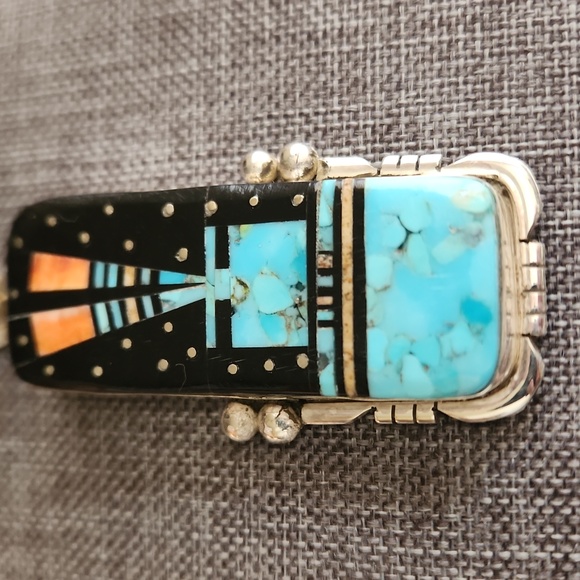 Amazing Handmade Native American Navajo Inlaid Pendant by Ray Jack 💙🖤🩵 - Picture 2 of 16